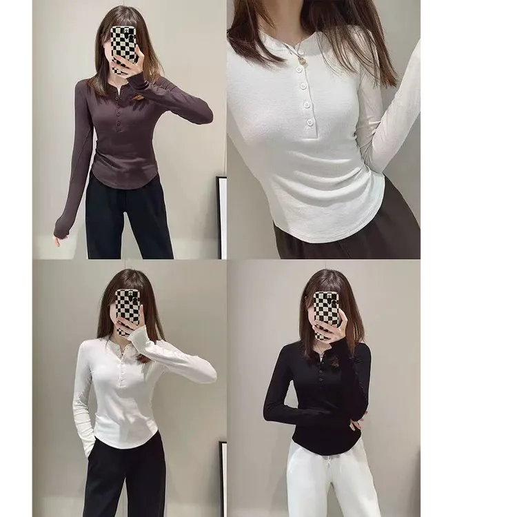 秋冬新款韩版设计款V领纽扣修身显瘦简约纯色正肩长袖打底衫9043