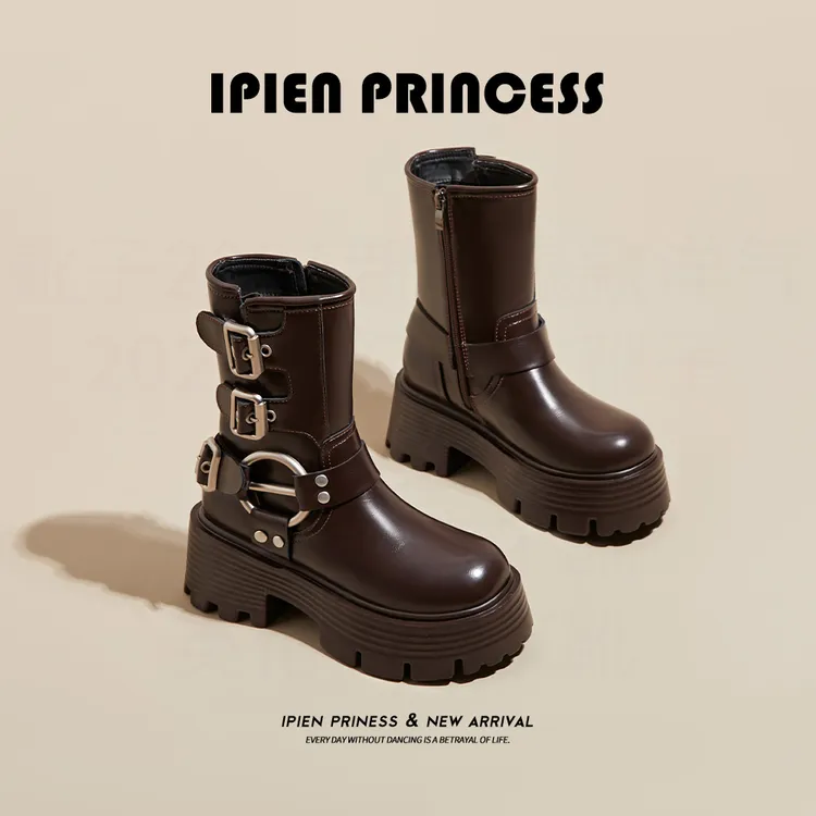 厚底短靴复古粗跟西部牛仔靴马丁靴2025春季新款百搭美拉德靴子女