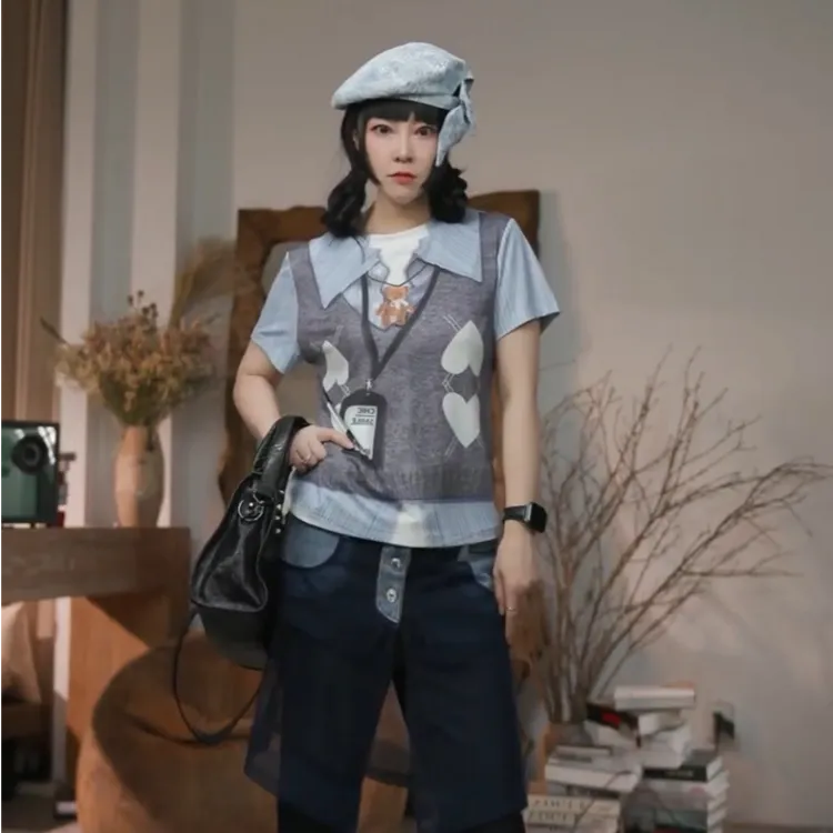 infobyfive夏季假两件二代爱心小熊视觉印花网纱短袖T恤NF0604119