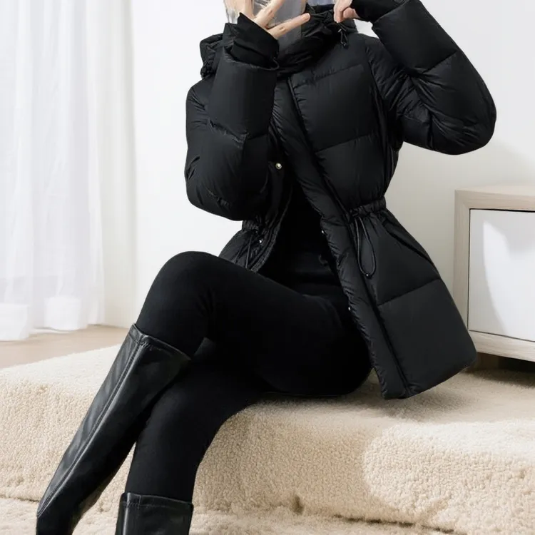 修身显瘦黑色棉服女中长款冬季新款加厚保暖连帽棉衣外套