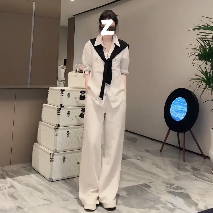 2025年早秋时尚洋气时髦长袖衬衫+老钱风直筒阔腿裤女LK2506363