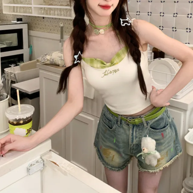 【送腰带】美式毛边撞色牛仔短裤女2025夏季新款显瘦阔腿a字热裤