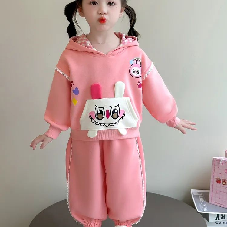 女童套装春秋装卡通两件套2025新款洋气儿童连帽宝宝卫衣两件套潮