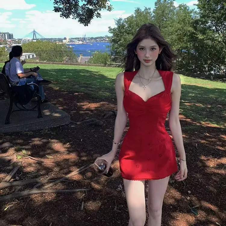 【苏黎甜薇】2025春季新款复古镂空刺绣V领连衣裙女收腰显瘦a字短裙