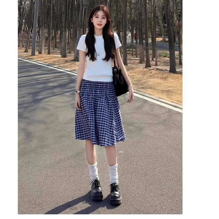 韩版少女格子两穿裙半身裙女夏季甜美连衣裙百搭短裙2025新款裙子