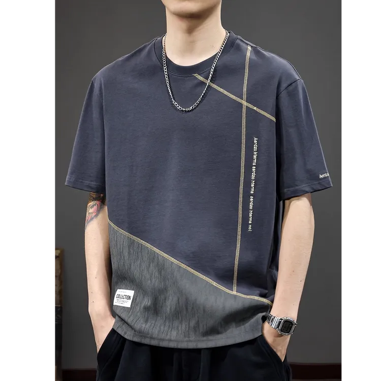 爱若摩根拼接短袖t恤男2025休闲纯棉上衣夏季新款宽松半袖体恤T