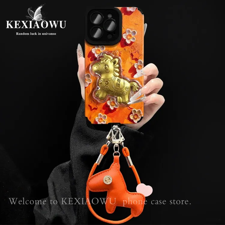 皮质油画花金马适用苹果17手机壳新款华为vivo全包小米OPPO翻毛皮