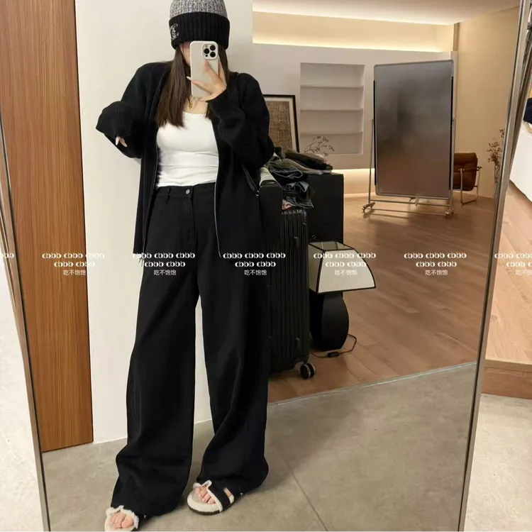 【吃不饱饱】大码 黑色爵士 黑色宽松百搭后腰松紧阔腿牛仔裤084