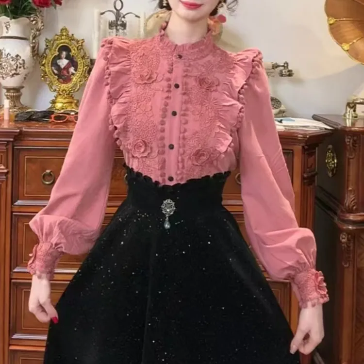 法式衬衫女装早秋高端小资小上衣粉色立领衬衣