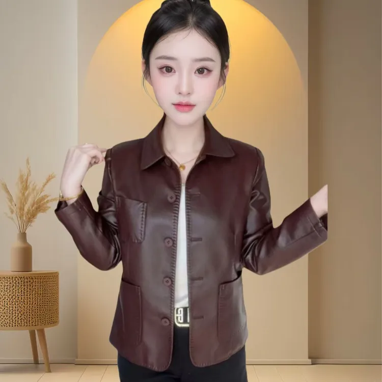 【单里衬】海宁正品2025春秋新款时尚休闲翻领气质皮衣外套女