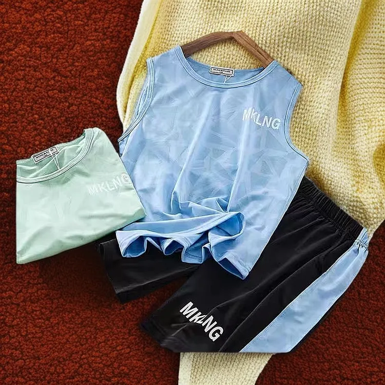 mondylemon男运动风纯色套头夏季薄款套装童装透气篮球服无袖男孩