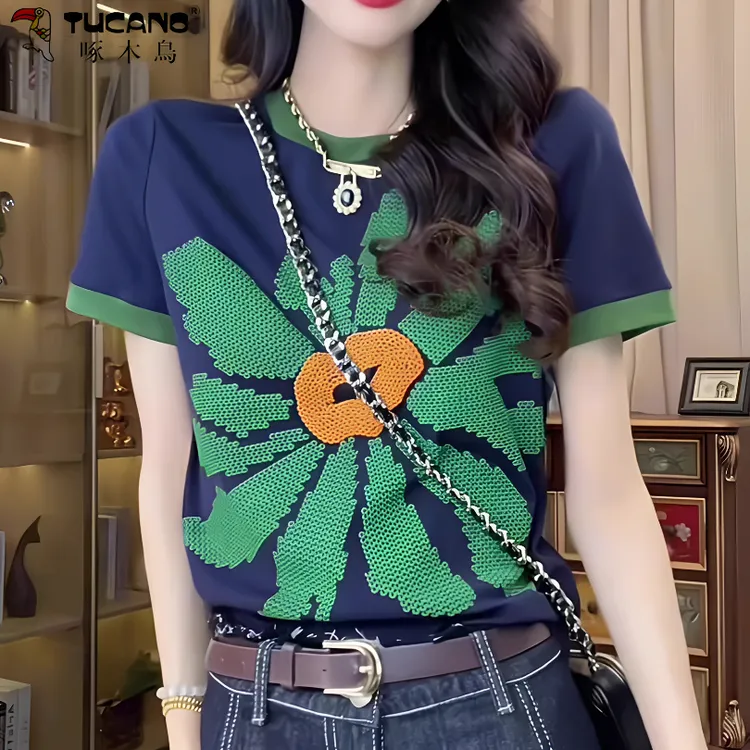 【啄木鳥】纯棉春秋潮牌印花圆领2025长袖T恤新款遮肉宽松 撞色上衣