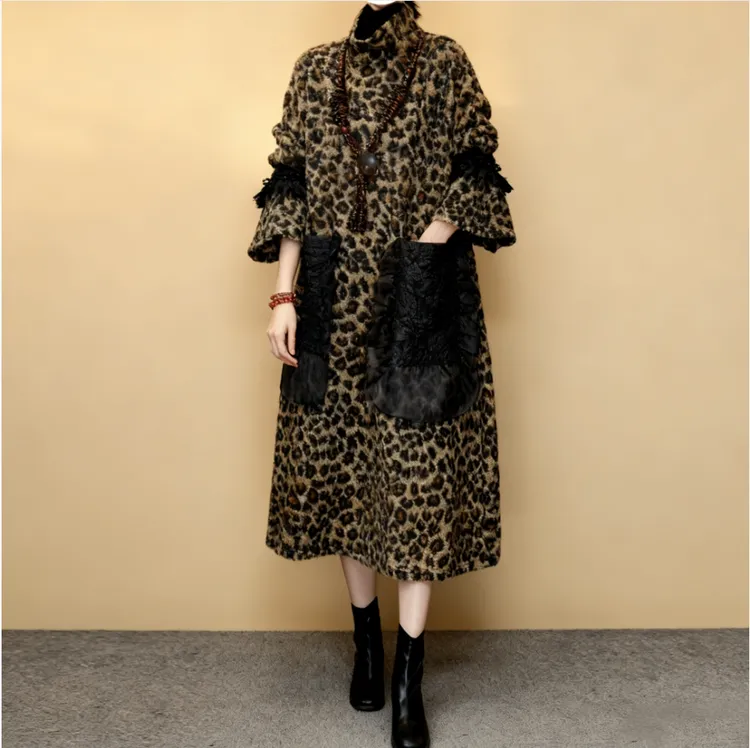 33-豹纹拼接蕾丝大口袋长裙