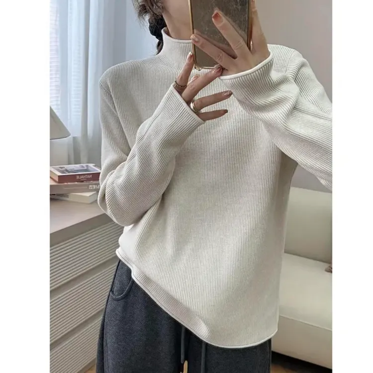 立领长袖毛衣针织衫女内搭秋冬加厚卷边坑条半高领百搭洋气打底衫