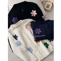 晶咕【手工坊！】小众彩色立体花朵圆领单排扣针织开衫