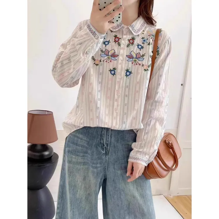 文艺POLO领碎花上衣女2025早秋简约舒适时尚休闲温柔慵懒百搭小衫