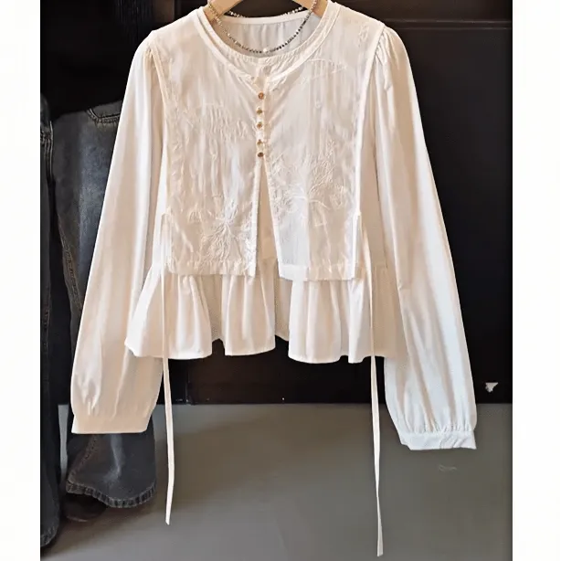 新中式精美短款刺绣娃娃衫假两件绑带气质衬衫女小众女装9063