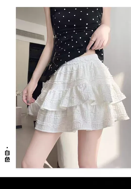 蕾丝花边设计感小众白色芭蕾风高腰蛋糕半身短裙女夏季