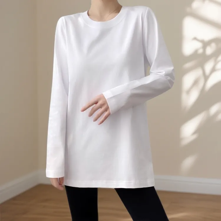纯棉中长款遮屁股上衣长袖白t恤女款正肩宽松显瘦叠穿打底衫内搭