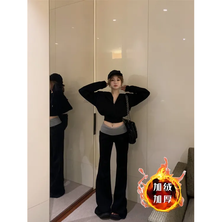 休闲套装春季慵懒连帽长袖卫衣外套女加绒加厚撞色微喇叭裤两件套