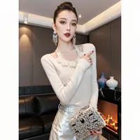 XS#立体花朵挂脖针织衫女内搭秋冬修身显瘦长袖打底上衣A518H