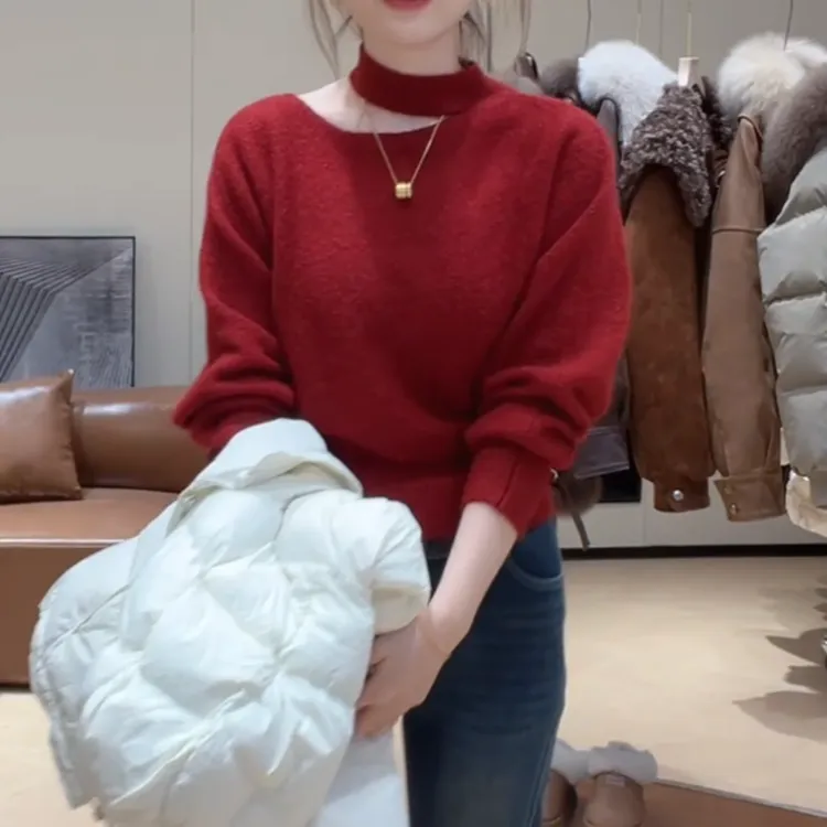 【狐狸美人】冬季挂脖软弱时尚厚款纯色气质针织打底衫毛衣百搭上衣