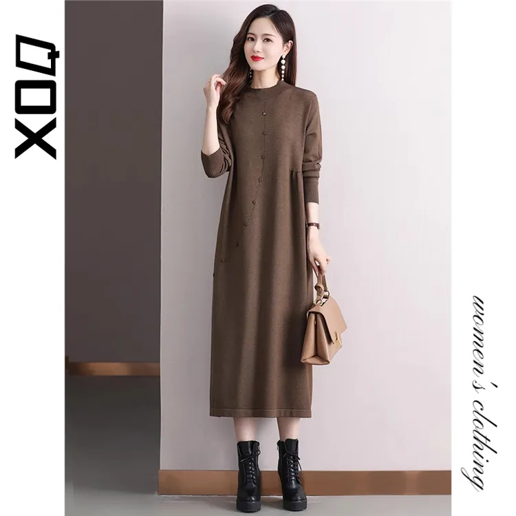 XOQ官方长款连衣裙女秋冬新款过膝针织毛衣裙气质宽松显瘦打底裙