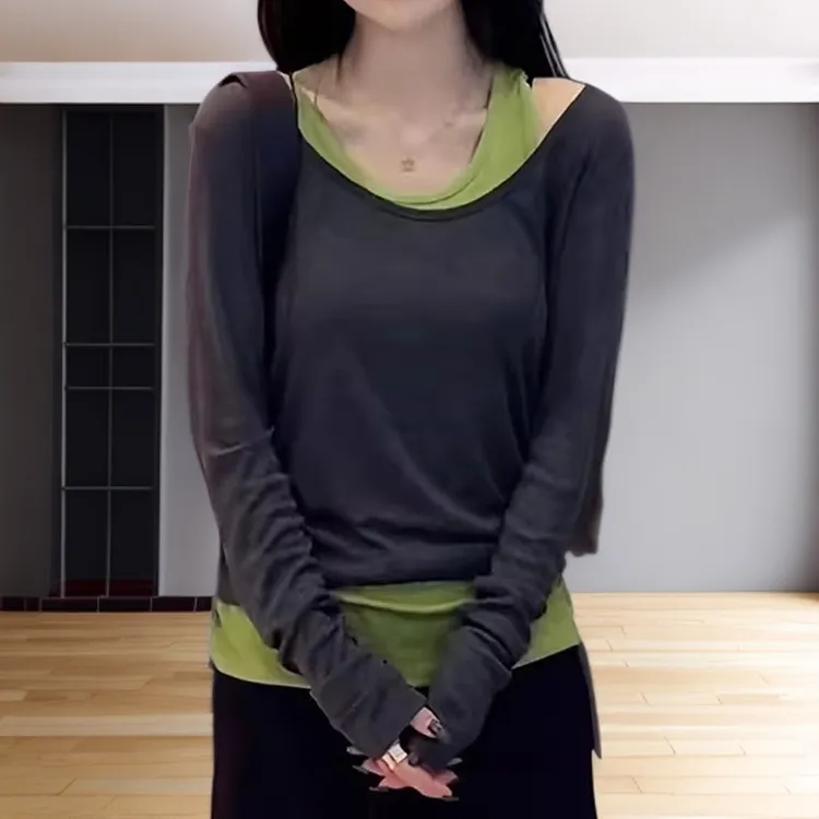 修身显瘦拼接打底上衣秋季新款胖MM大码女装设计感露肩两件套T恤