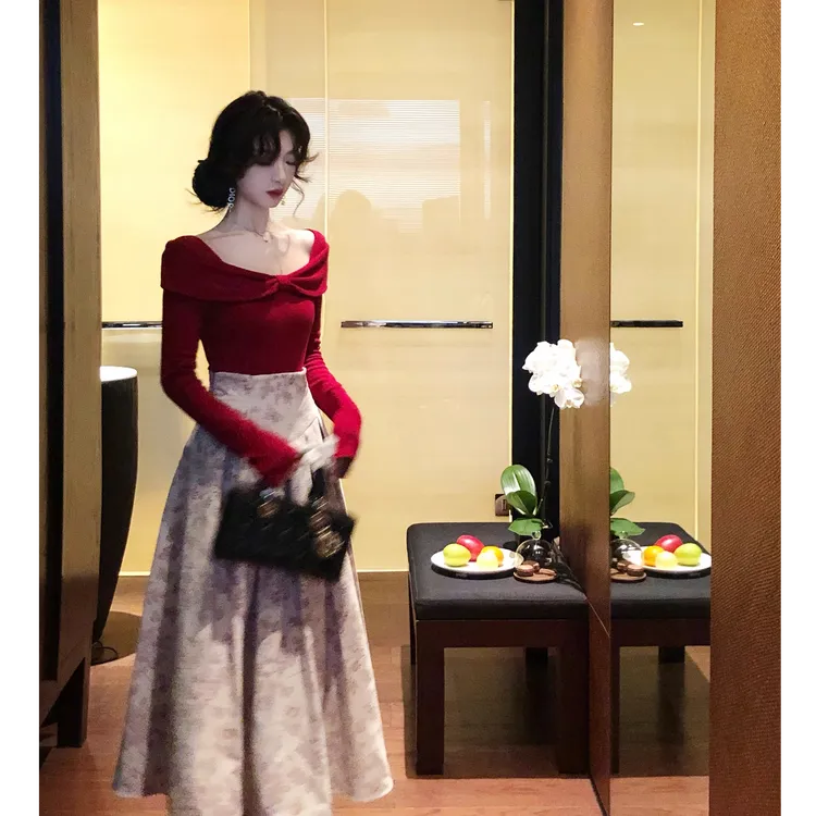 羊毛针织T恤上衣两件套女秋芭蕾风高腰半身裙套装