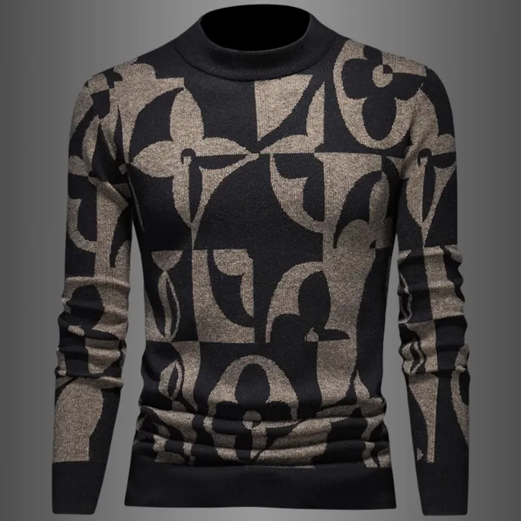 CORNUCINAT高档羊毛衫男士冬季个性提花加厚保暖圆领毛衣休闲上衣