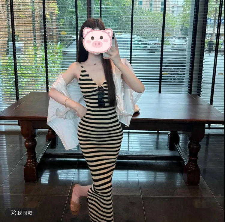 法式复古黑白条纹侧开叉针织长裙女V领吊带长款连衣裙一步裙2515