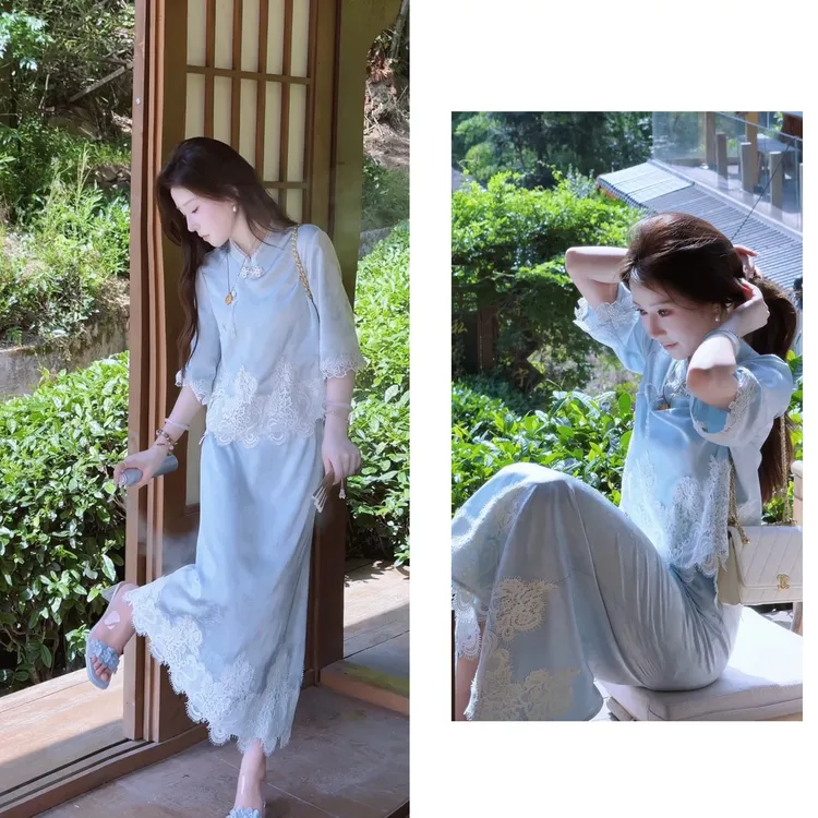 新中式国风新款蓝色刺绣设计短袖上衣+蓝色百搭短裙女温柔风穿搭