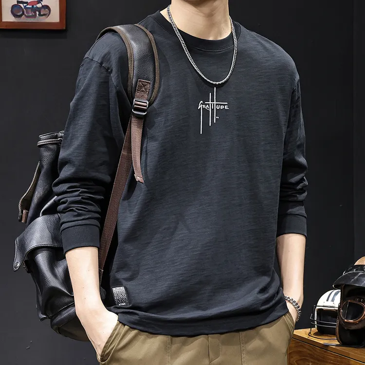 高端竹节棉复古刺绣长袖T恤男2025秋季新款宽松纯棉百搭打底上衣