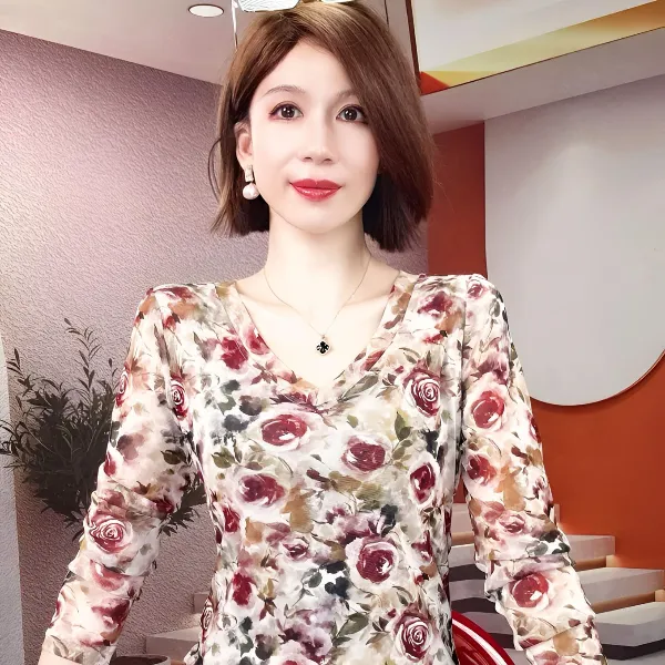 网红时尚炸街新款女装春秋季2025长袖V领时尚时髦网纱上衣打底衫