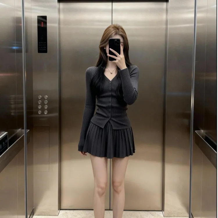 2025秋冬新款学院风V领长袖女针织开衫修身上衣高腰显瘦半身裙潮