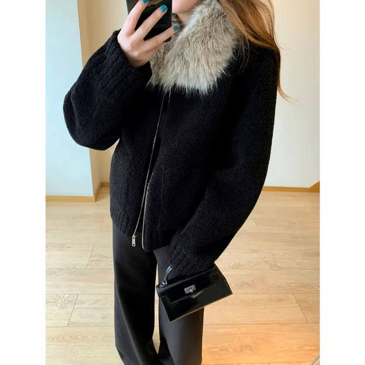 定染毛领小颗粒羊羔毛冬季黑色毛毛2025新品时尚韩版短款百搭外套