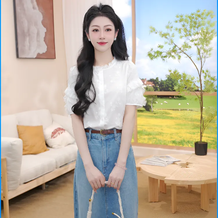 【视频同款】茵曼秋季荷叶领镂空刺绣纯棉衬衫度假风泡泡袖衬衣