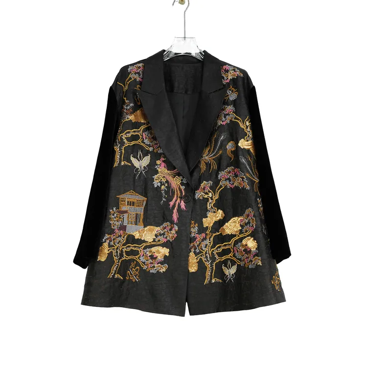 新中式大码28姆米龟裂纹香云纱拼真丝丝绒重工定位刺绣外套8793