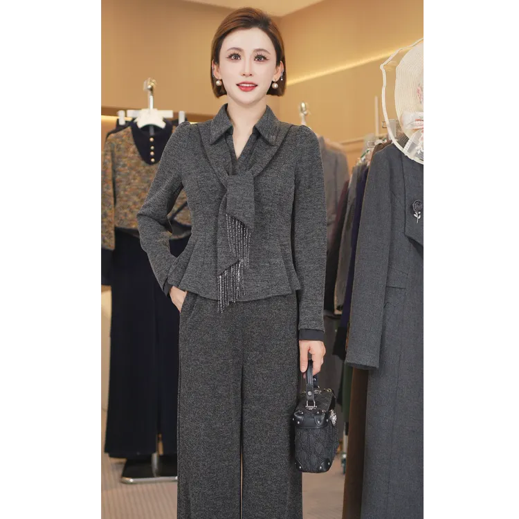 W8139高端精致时尚套装女2025秋季新款百搭洋气减龄阔腿裤两件套