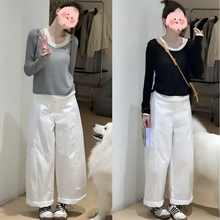 2025早秋韩系简约百搭拼接假两件针织打底衫显瘦阔腿裤九分裤套装