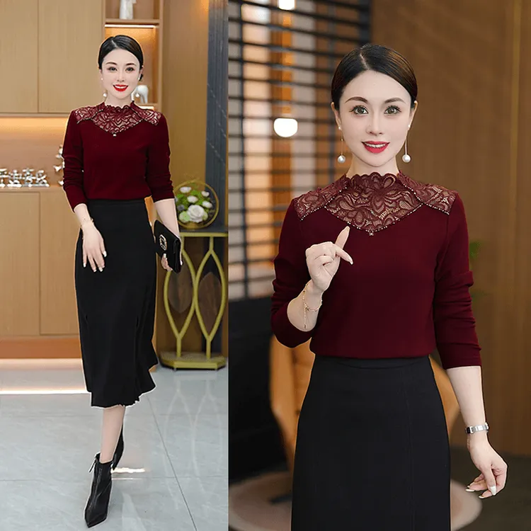 半高领蕾丝拼接加绒长袖打底衫女2025秋冬时尚洋气修身上衣小衫潮