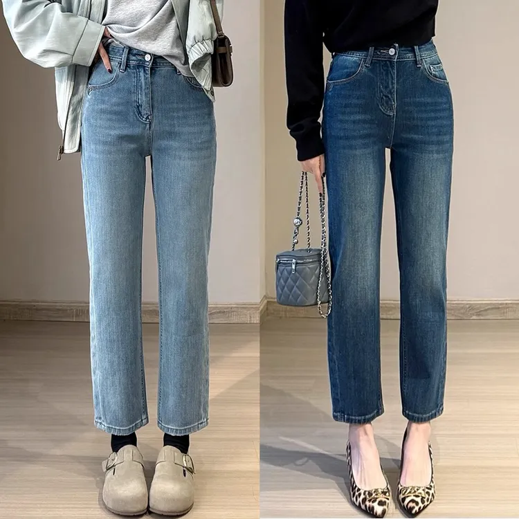 双侧缝九分法棍裤春季新款梨形身材显瘦高腰小个子百搭弹力直筒裤