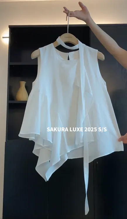 2025新小清新女装韩版圆领刺绣不规则荷叶边配飘带无袖衬衫背心女