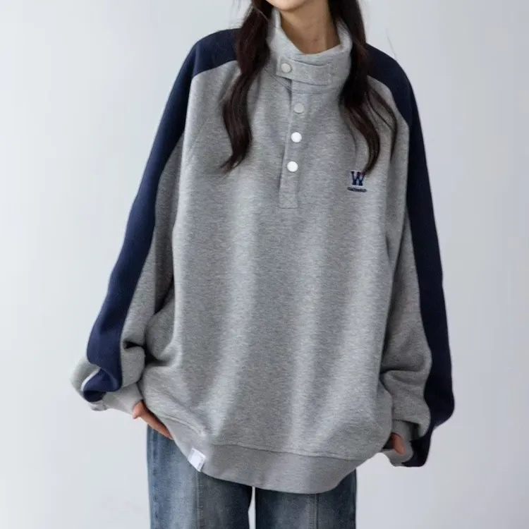 秋冬季美式复古立领卫衣情侣休闲宽松男女套头纽扣长袖慵懒风上衣