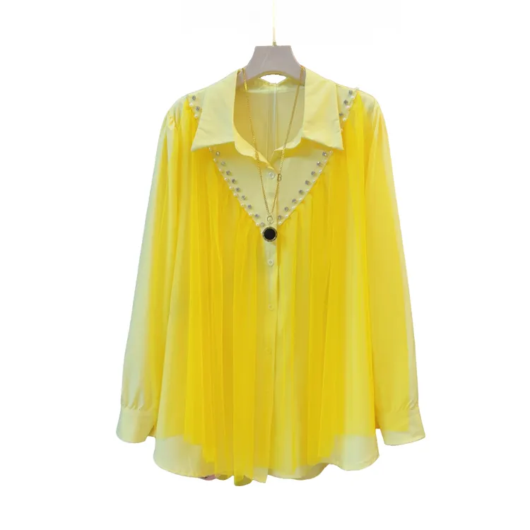 法式温柔淑女风时尚气质纱网拼接衬衫衣长76左右百搭小众时尚减龄