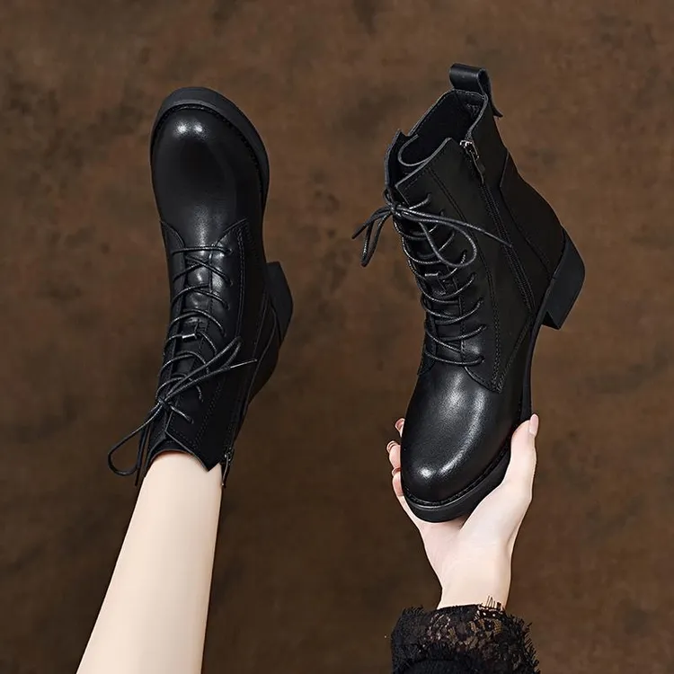 2025新款秋冬季大码女鞋加绒马丁靴41到43系带平底短靴软皮真皮鞋