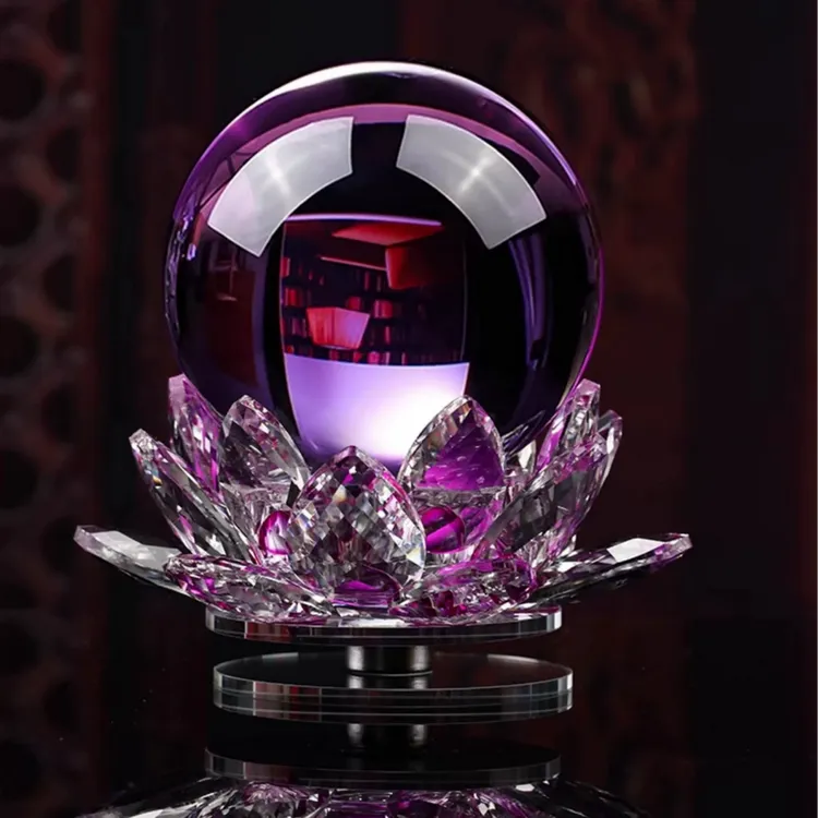 K9水晶玻璃紫色水晶球荷花台家居装饰品适合客厅电视柜玄关摆放
