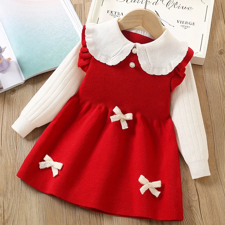 女童秋冬连衣裙韩版针织毛衣裙保暖裙子珍珠蝴蝶结高档裙2025新款