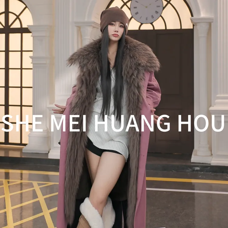 （冬精灵）原创设计师款貉子毛皮草兔毛皮毛一体派克皮草外套25157