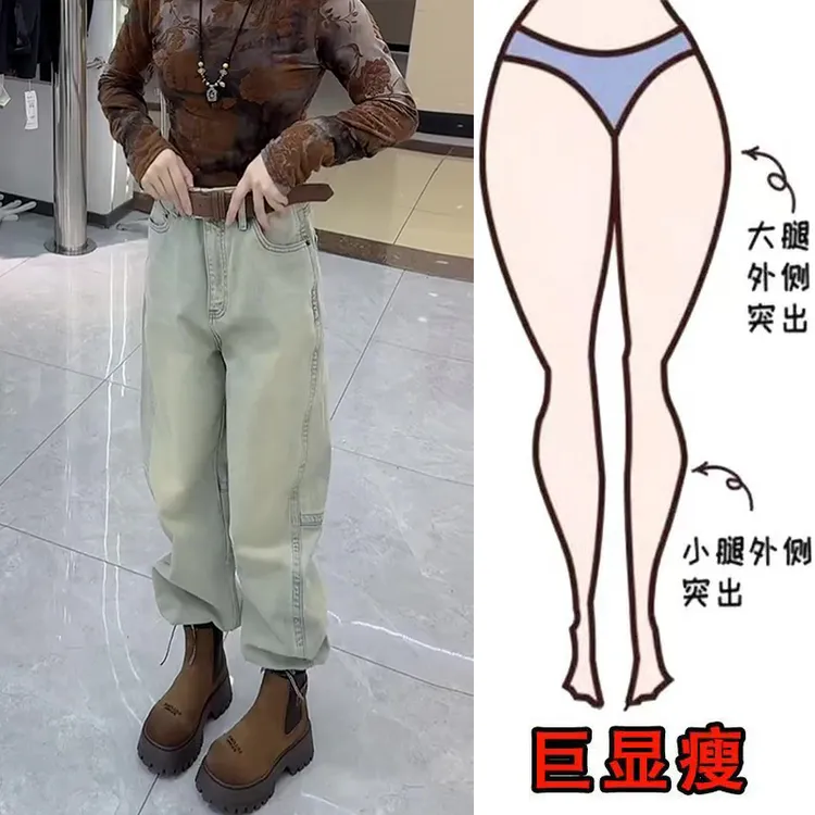 早春新款美式重工做旧时尚个性街头风遮肉显瘦高腰宽松直筒牛仔裤